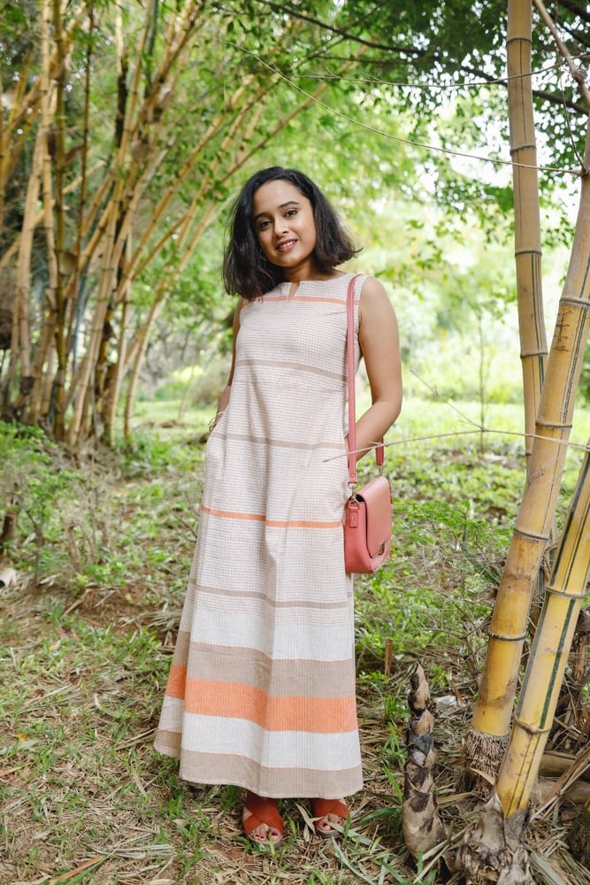 Irene - Handloom linen  A line cotton dress in shades of beige and orange.