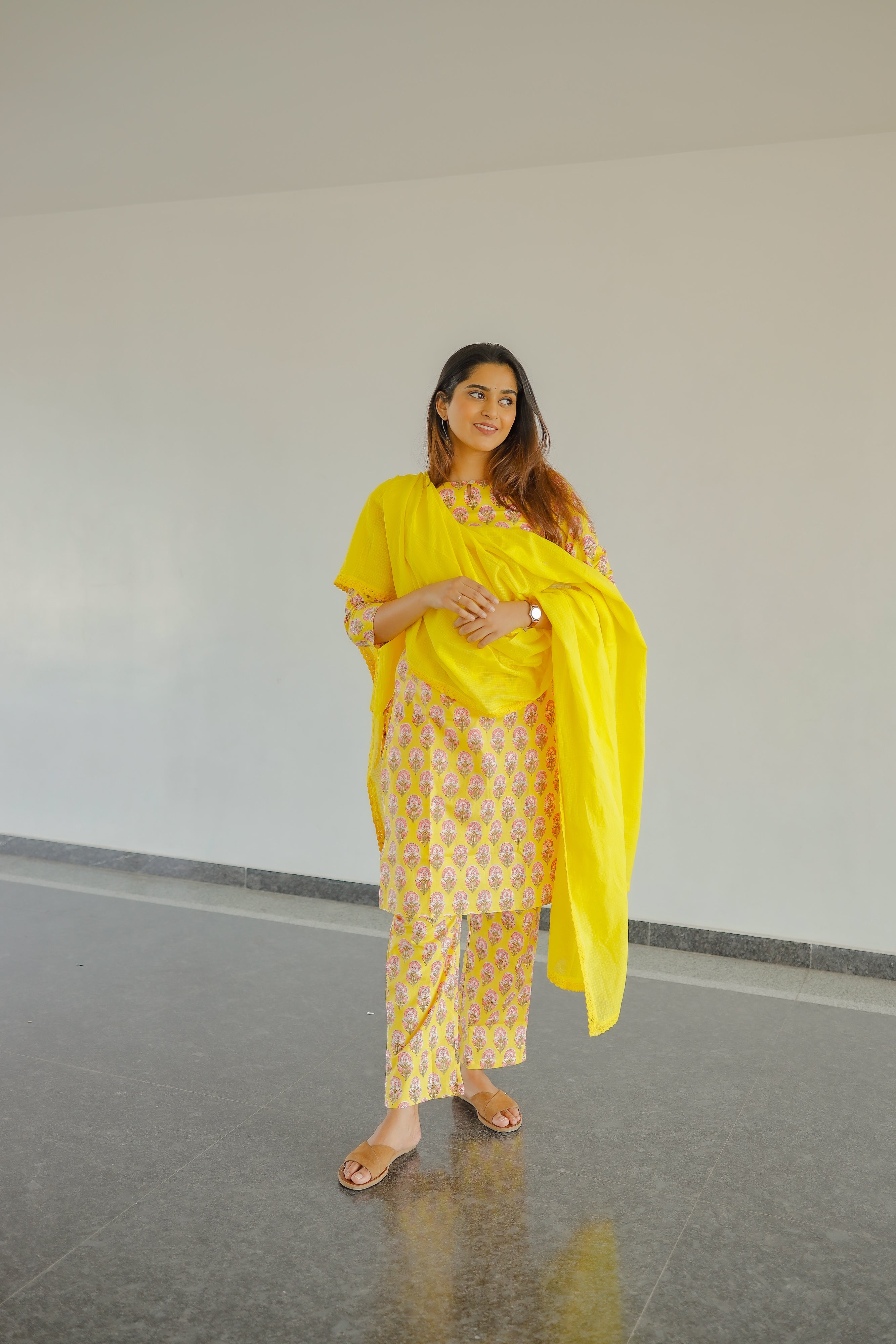 Anoushka - floral hand block printed cotton kurta set with kota dupatta in yellow and pink