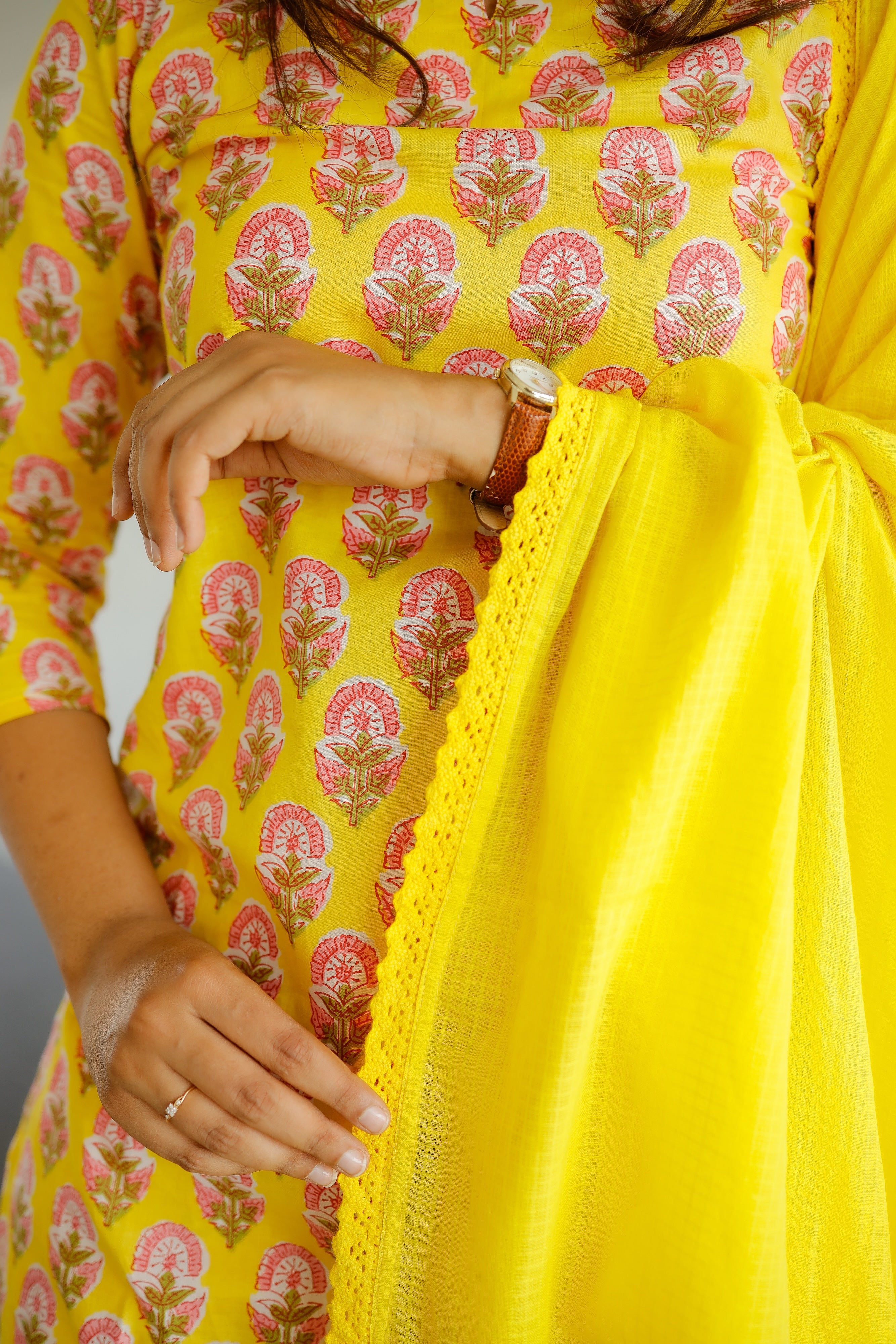 Anoushka - floral hand block printed cotton kurta set with kota dupatta in yellow and pink