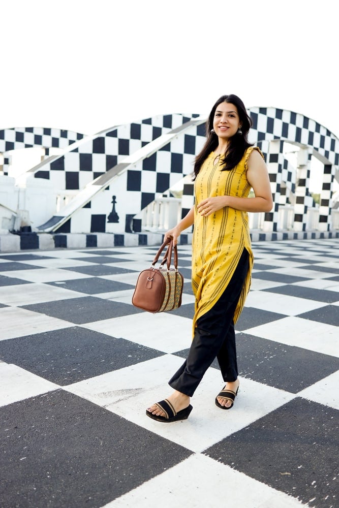 Trisha - handloom cotton with handwoven buttas and ruffled sleeves kurta set in yellow