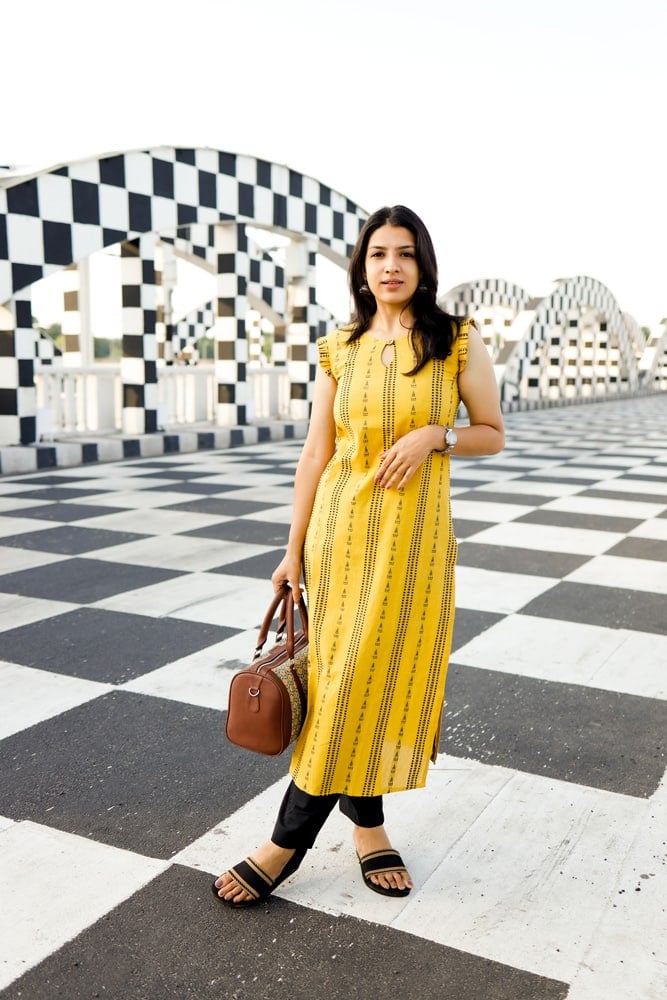 Trisha - handloom cotton with handwoven buttas and ruffled sleeves kurta set in yellow