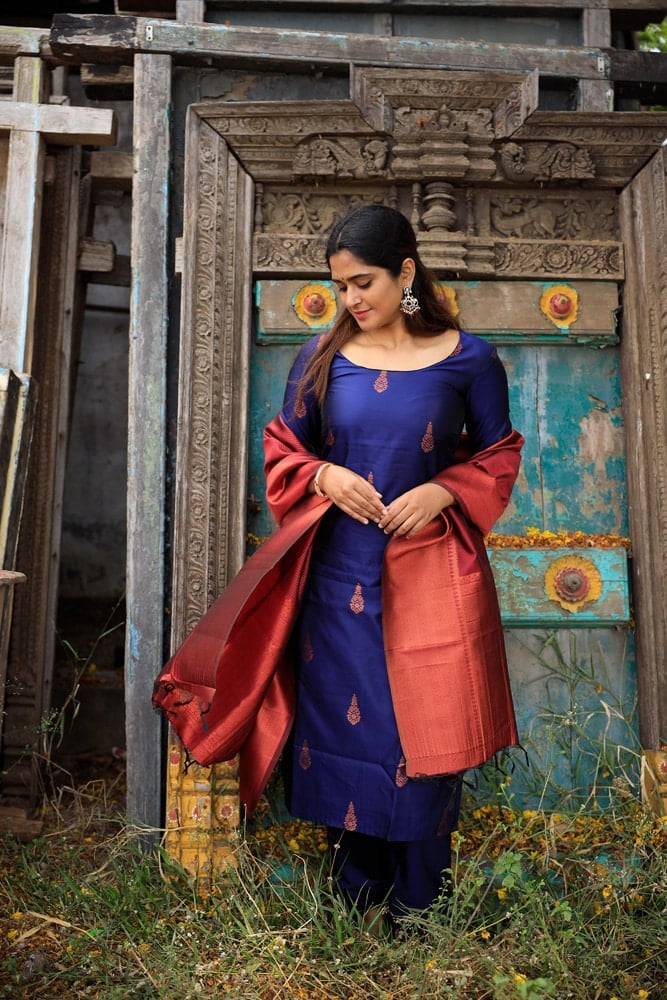 Kandangi Blue - semi kanchi 3 pc vegan silk suit set blue