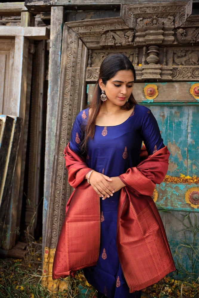 Kandangi Blue - semi kanchi 3 pc vegan silk suit set blue