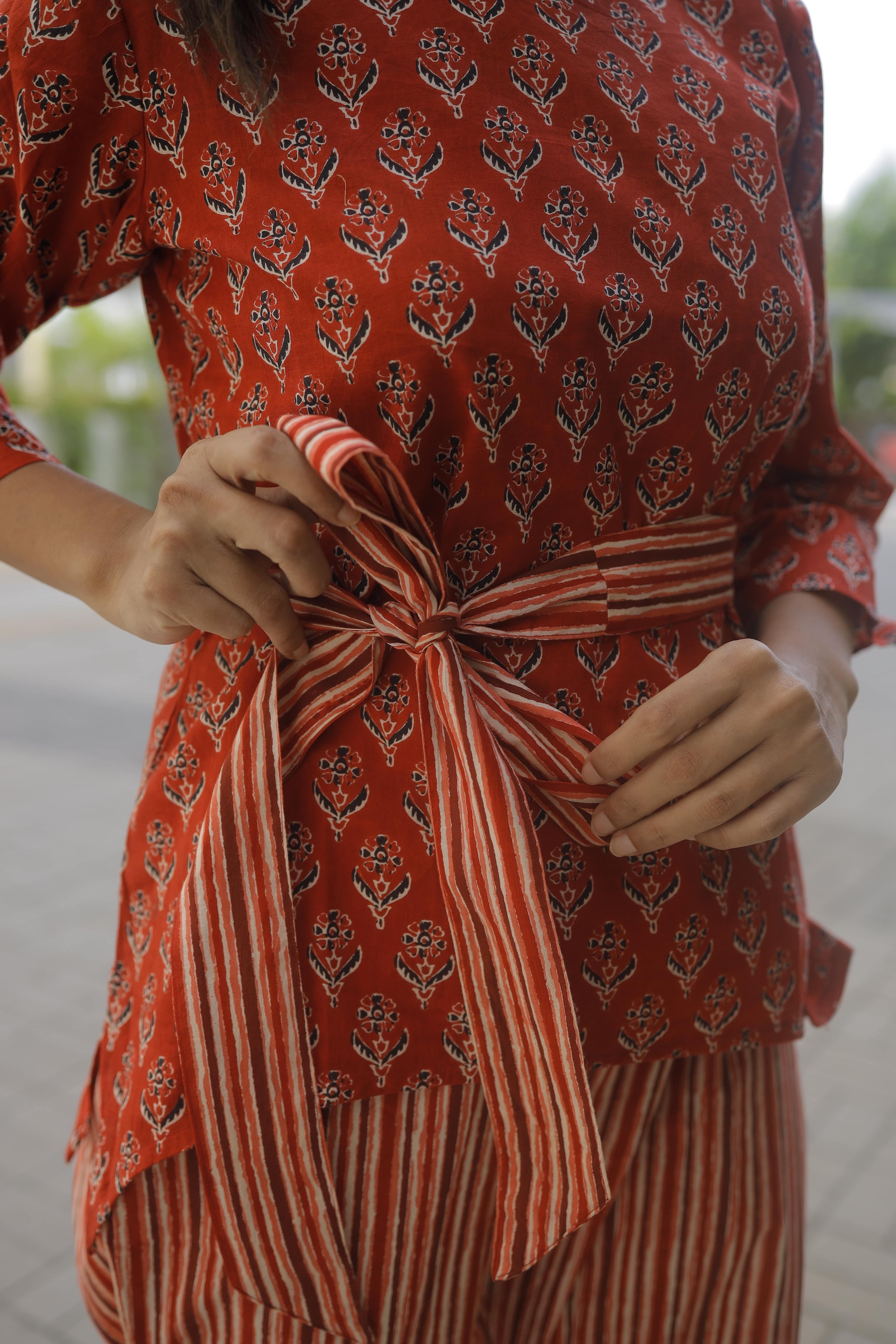 Carol Coord Set - Cotton  two piece coord set with  detachable tie around waistline in red