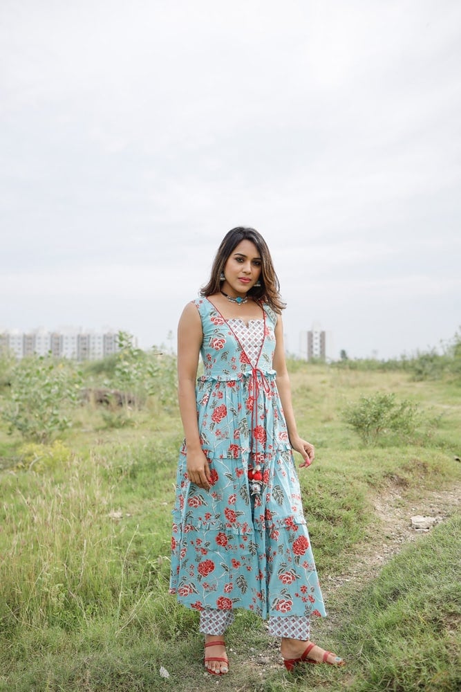 Naavya - floral hand block printed anarkali kurta set