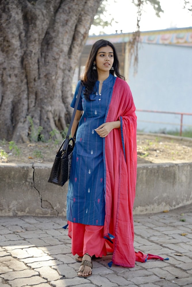 Samiha - handloom cotton with hand woven buttas suit set with palazzo pants in blue and magenta