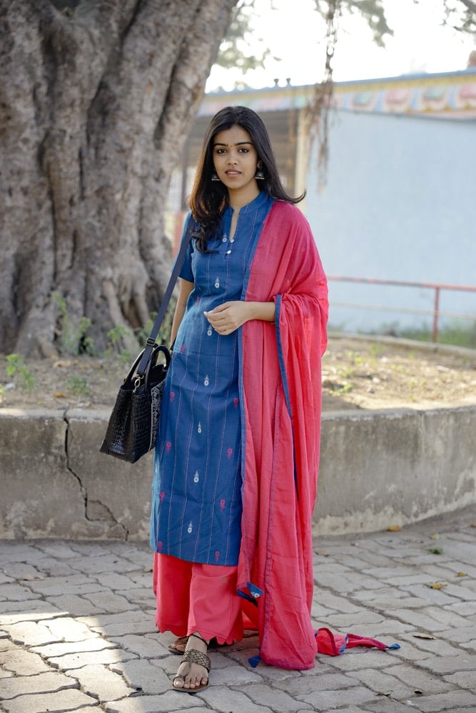 Samiha - handloom cotton with hand woven buttas suit set with palazzo pants in blue and magenta