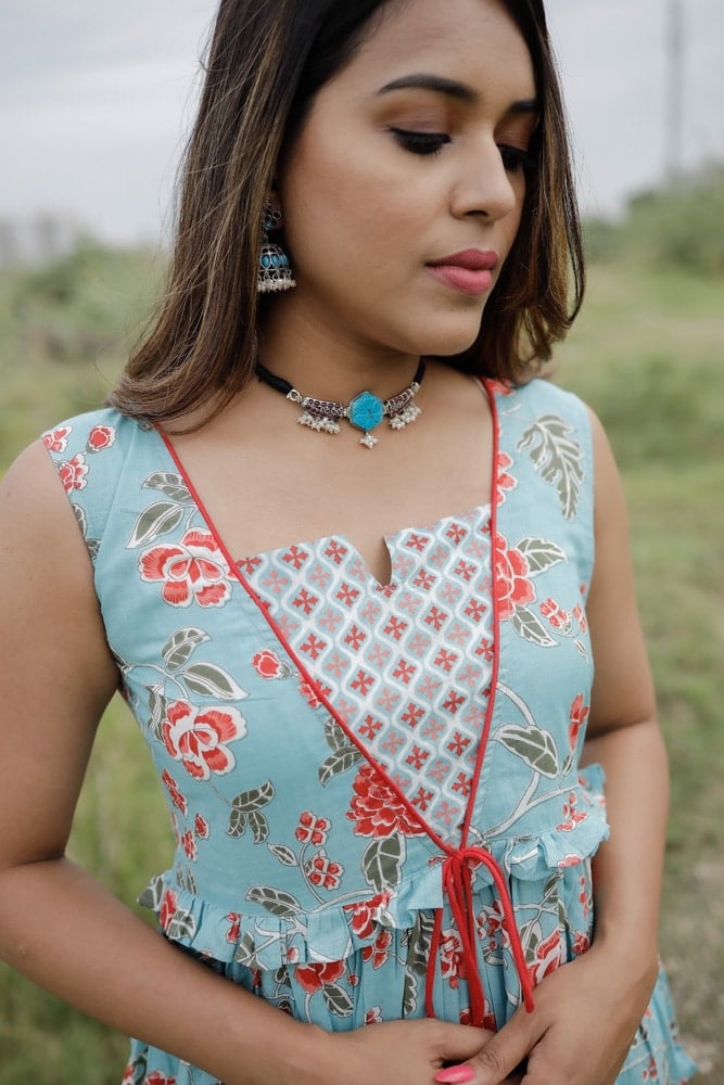 Naavya - floral hand block printed anarkali kurta set