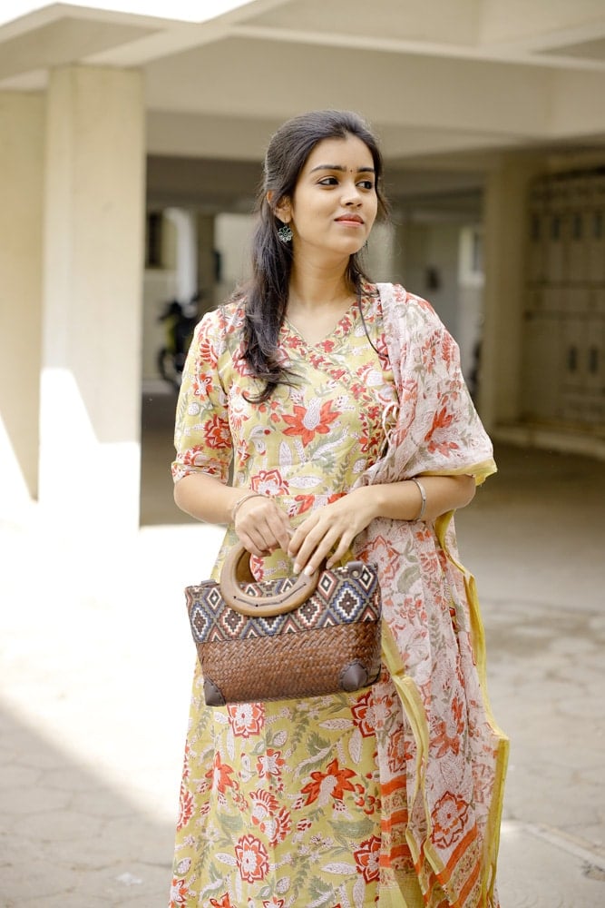 Ekta - Floral handblock printed cotton A line kurta set in fenugreek yellow with kota doria dupatta