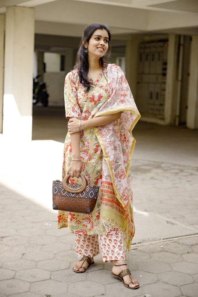 Ekta - Floral handblock printed cotton A line kurta set in fenugreek yellow with kota doria dupatta