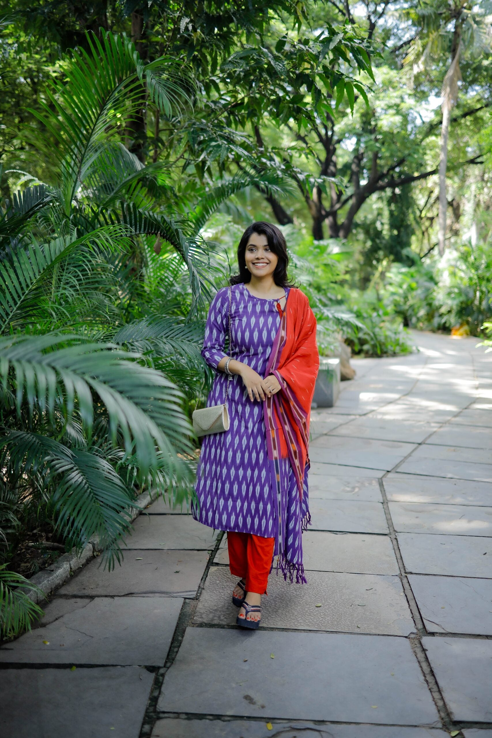 Samrithi - handloom pochampally ikkat cotton suit set in purple and red with matching dupatta