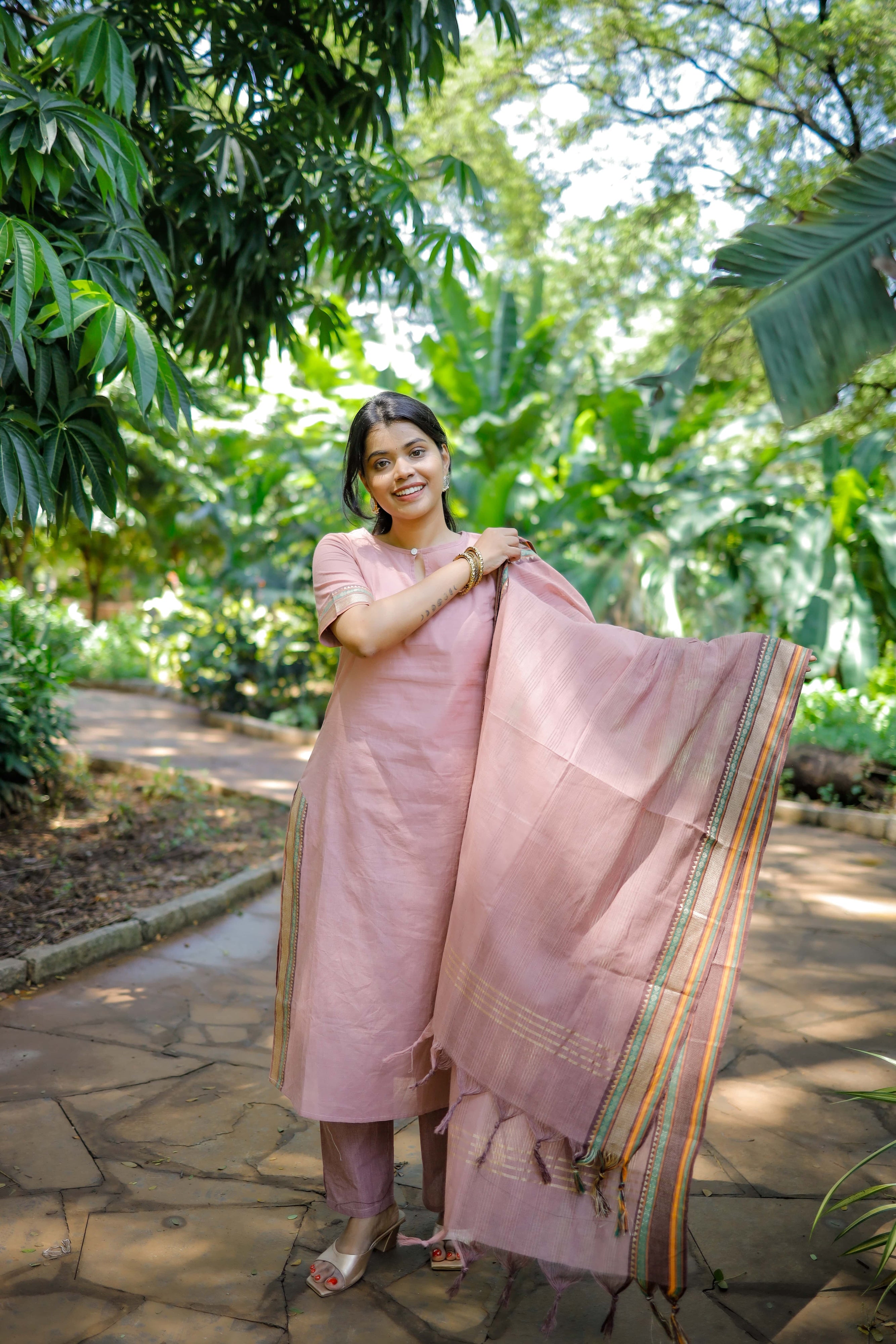 Rithvika - Handloom silk cotton suit set in  peach with kota dupatta