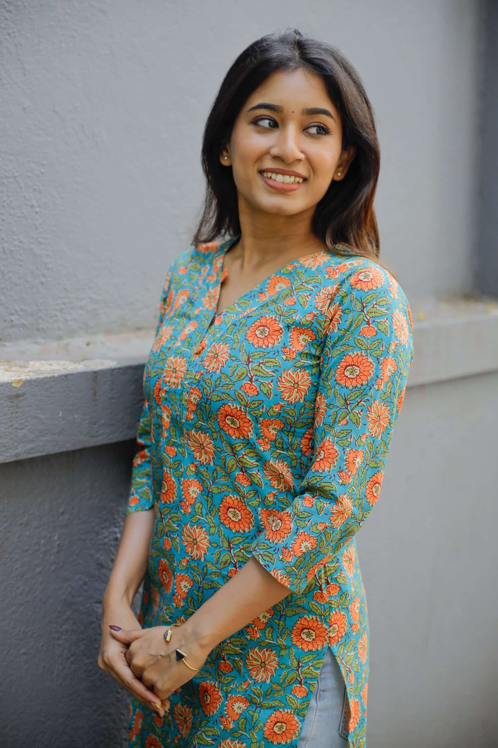 Pattern kurti 9 - Blue & orange organic cotton floral hand block printed kurta