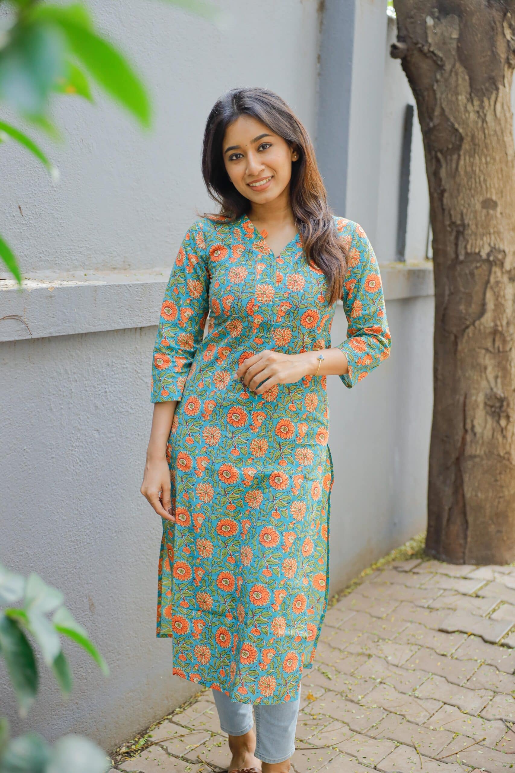 Pattern kurti 9 - Blue & orange organic cotton floral hand block printed kurta