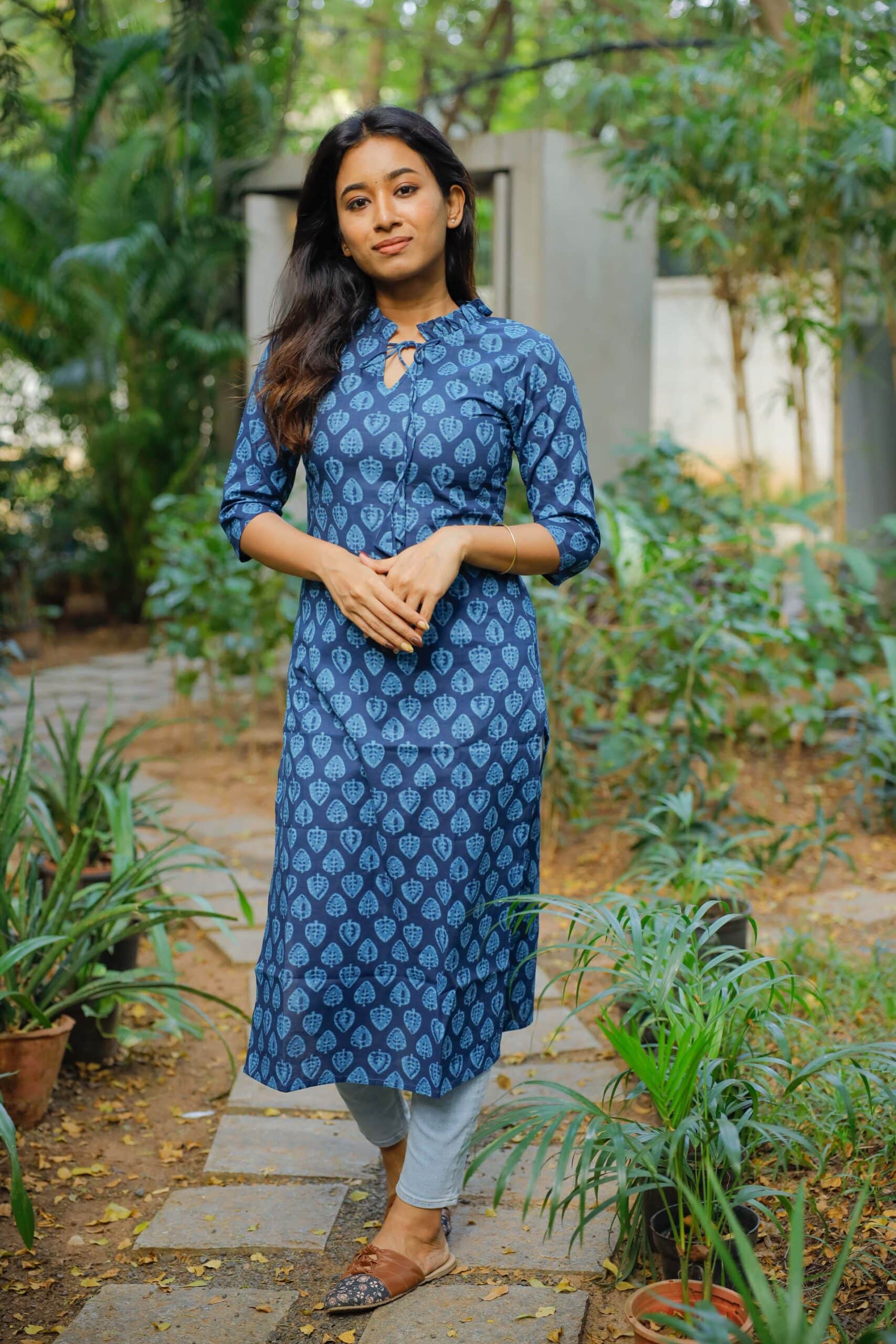 Pattern kurti 11 - Indigo blue organic cotton butta hand block printed kurta