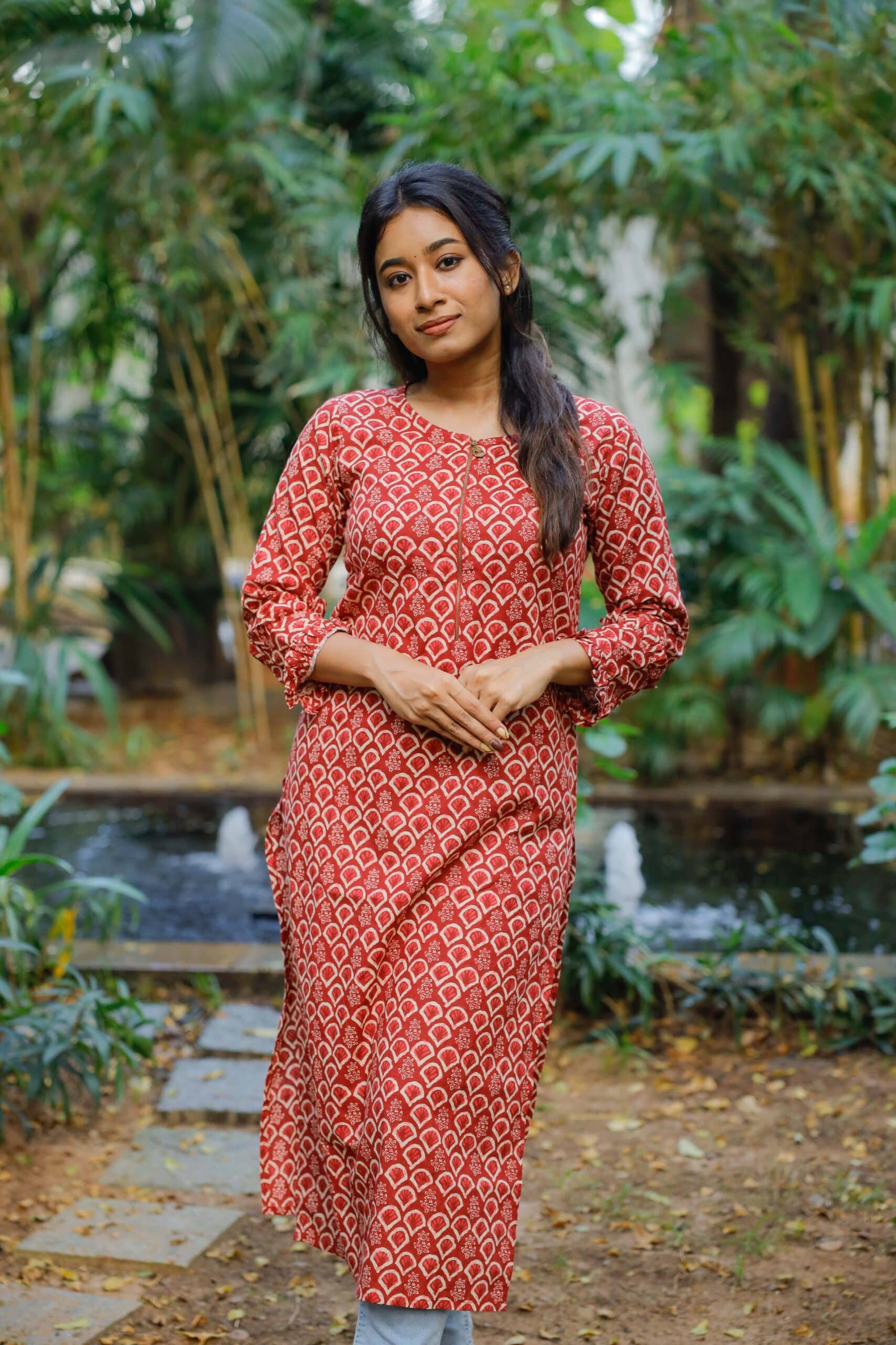 Pattern kurti 12 - Red organic cotton butta hand block printed kurta
