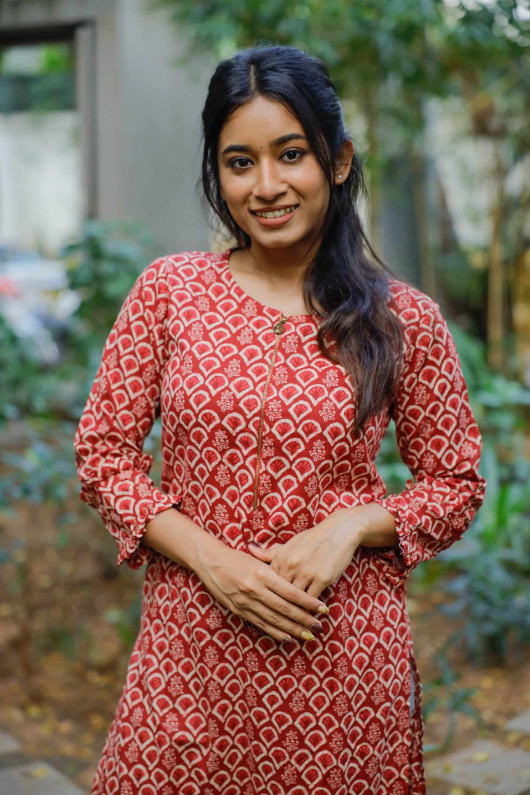 Pattern kurti 12 - Red organic cotton butta hand block printed kurta