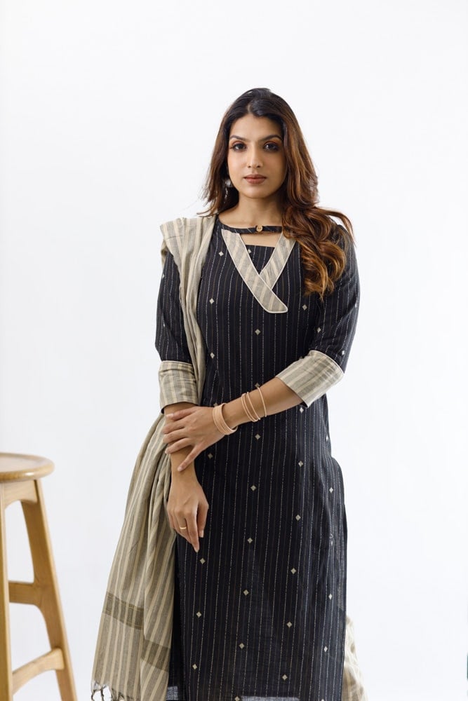 Mynaa(black) - Handloom cotton with hand woven matte gold buttas suit set in black