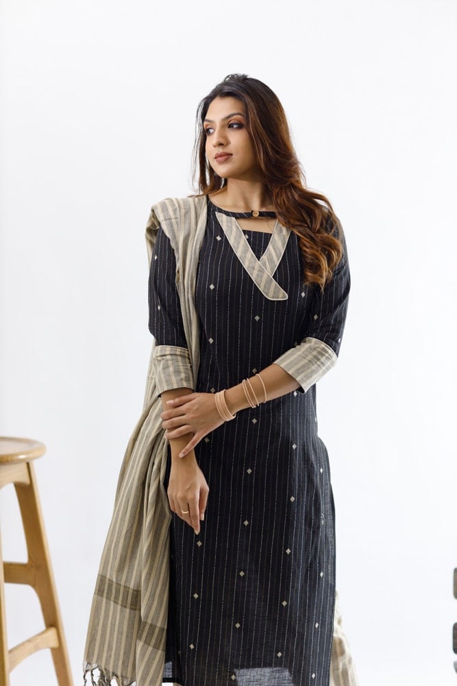 Mynaa(black) - Handloom cotton with hand woven matte gold buttas suit set in black