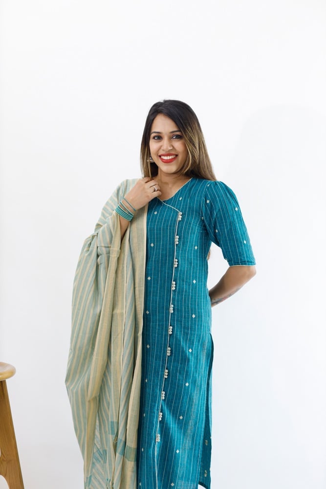 Mynaa(blue) - Handloom cotton with hand woven matte gold buttas suit set in blue
