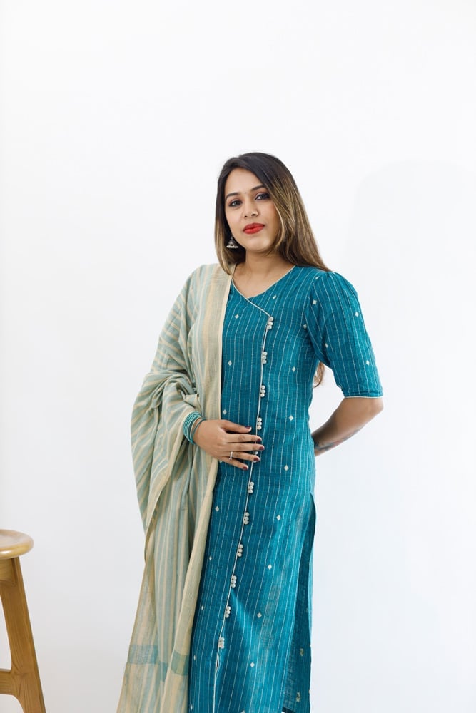 Mynaa(blue) - Handloom cotton with hand woven matte gold buttas suit set in blue