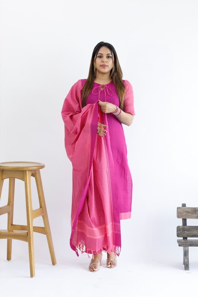 Miheeka (magenta) - handloom mangalgiri cotton suit set in magenta