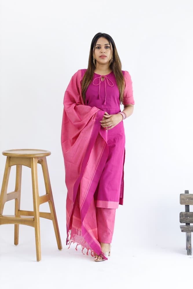 Miheeka (magenta) - handloom mangalgiri cotton suit set in magenta