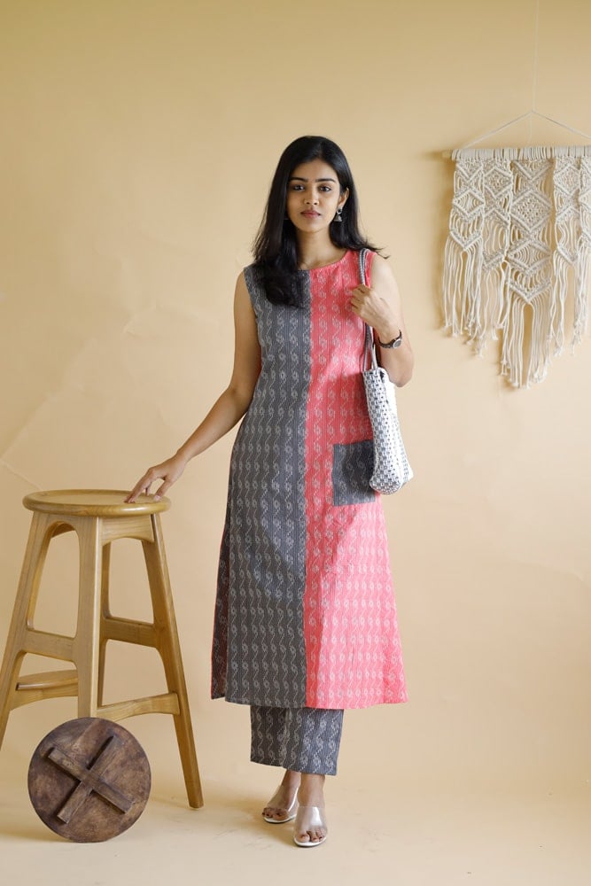 Abhilasha - handwoven kantha embroidered cotton cord set in grey and pink