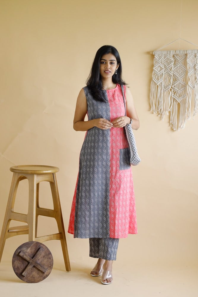 Abhilasha - handwoven kantha embroidered cotton cord set in grey and pink