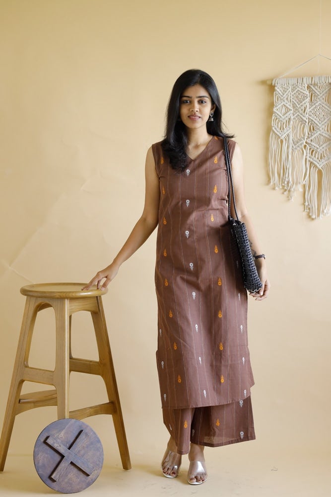 Janhavi - handloom cotton with hand woven buttas cotton kurta set with flared palazzo pants in chocolate brown