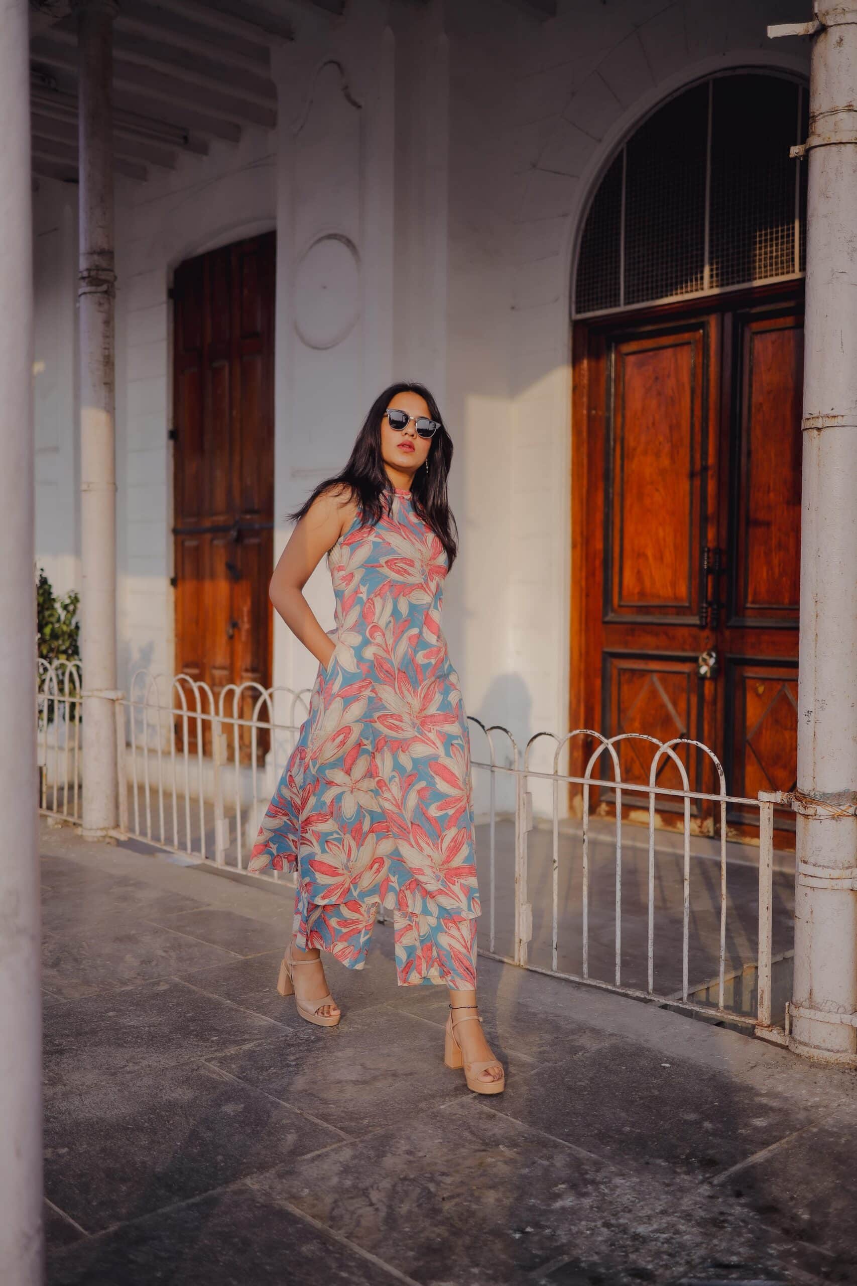 Taara - Halter neck A line floral organic cotton kurta set