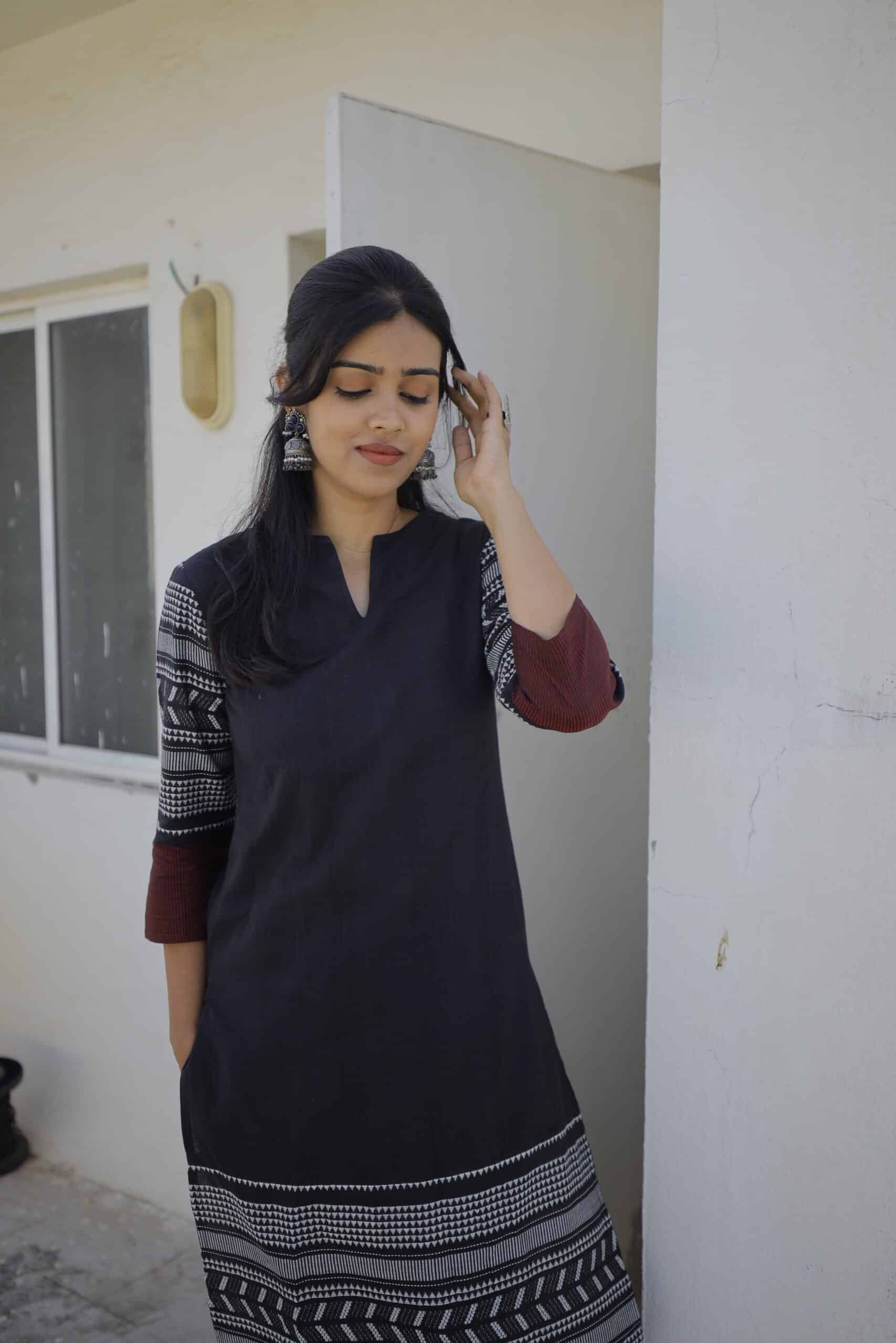 Yashna - Handloom cotton kurta with hand woven butta and embroidery in black with black trousers