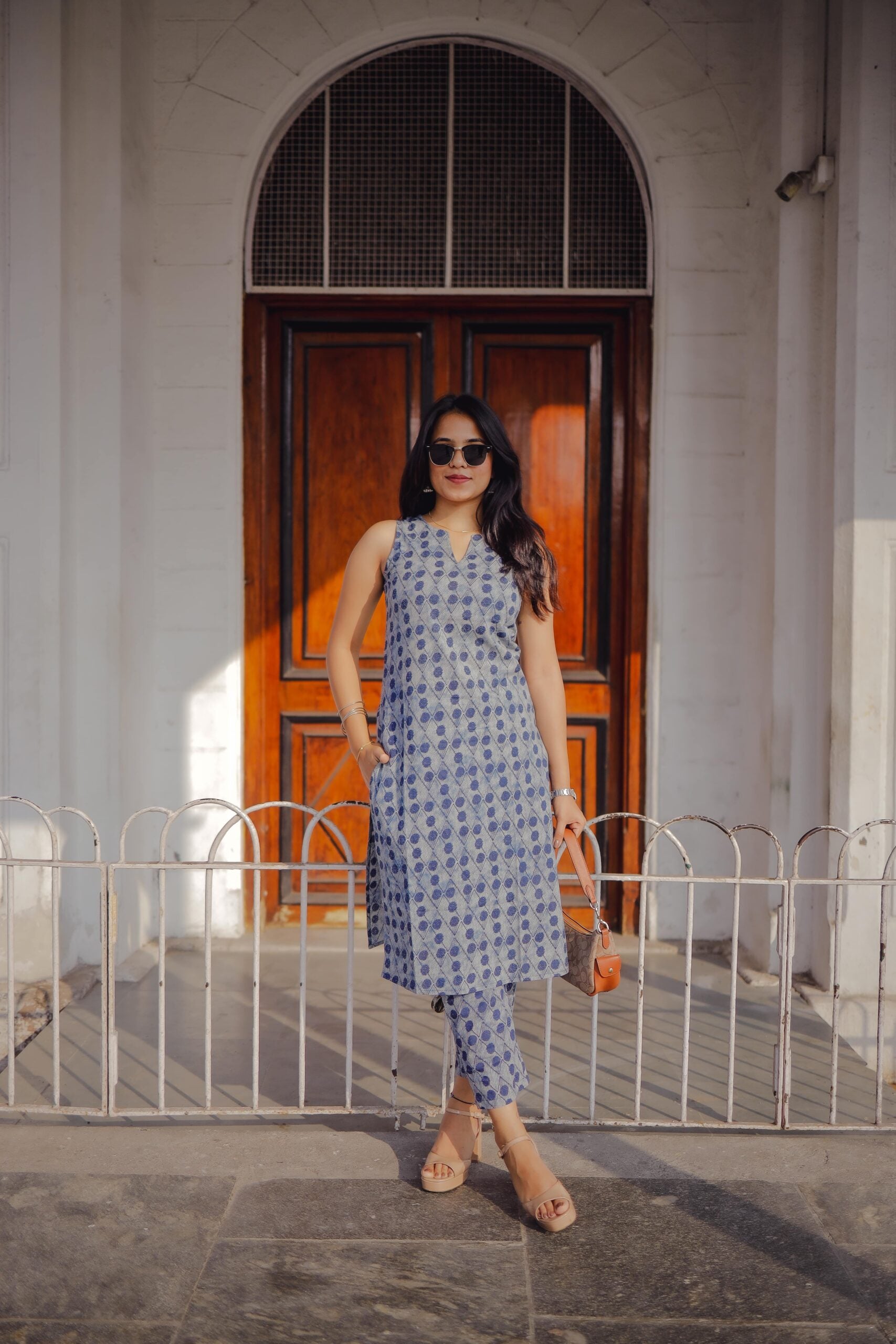 Taara (indigo)- Indigo abstract hand block printed halter neck organic cotton kurta set