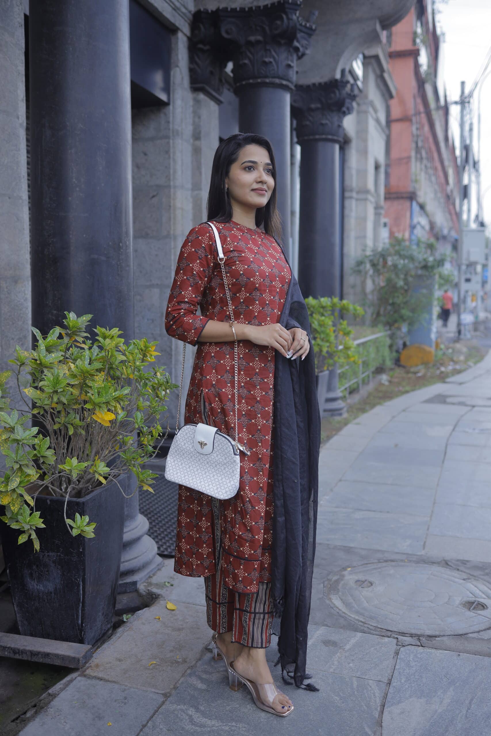 Shriya - red & black cotton suit set with kota dupatta
