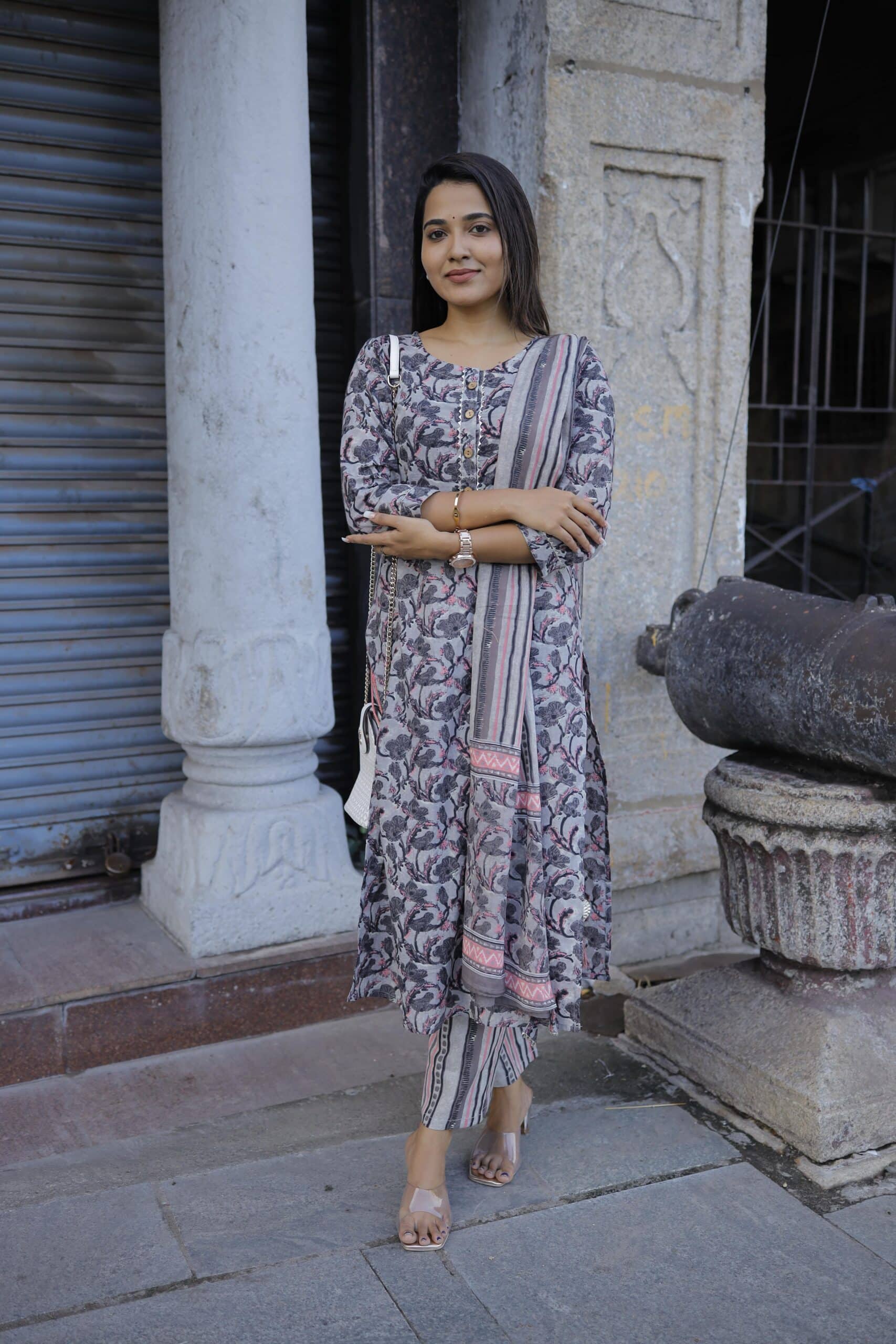 Sagarika - cement grey floral hand block printed cotton suit set with matching dupatta