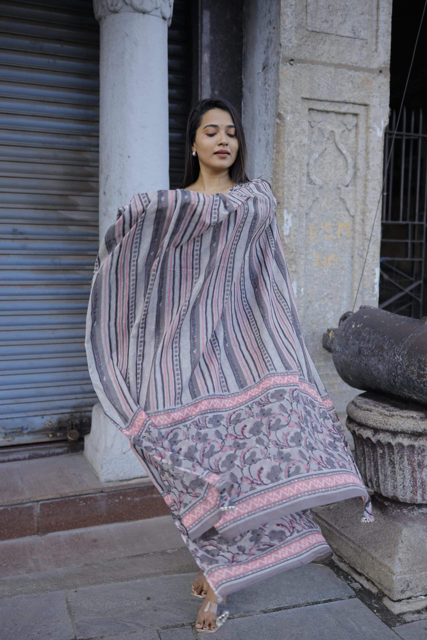 Sagarika - cement grey floral hand block printed cotton suit set with matching dupatta