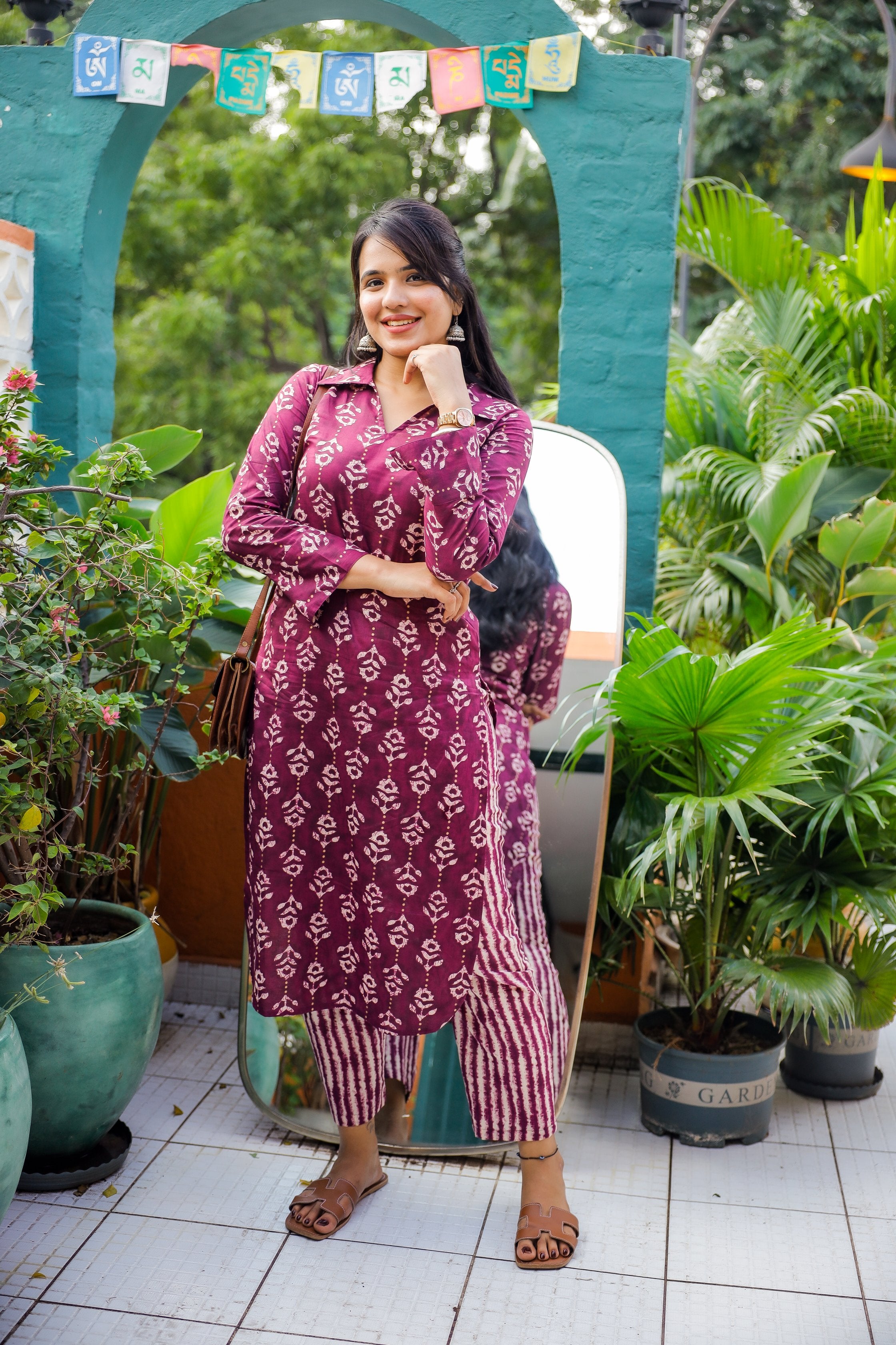 Shivangi - wine floral hand block printed cotton kurta set