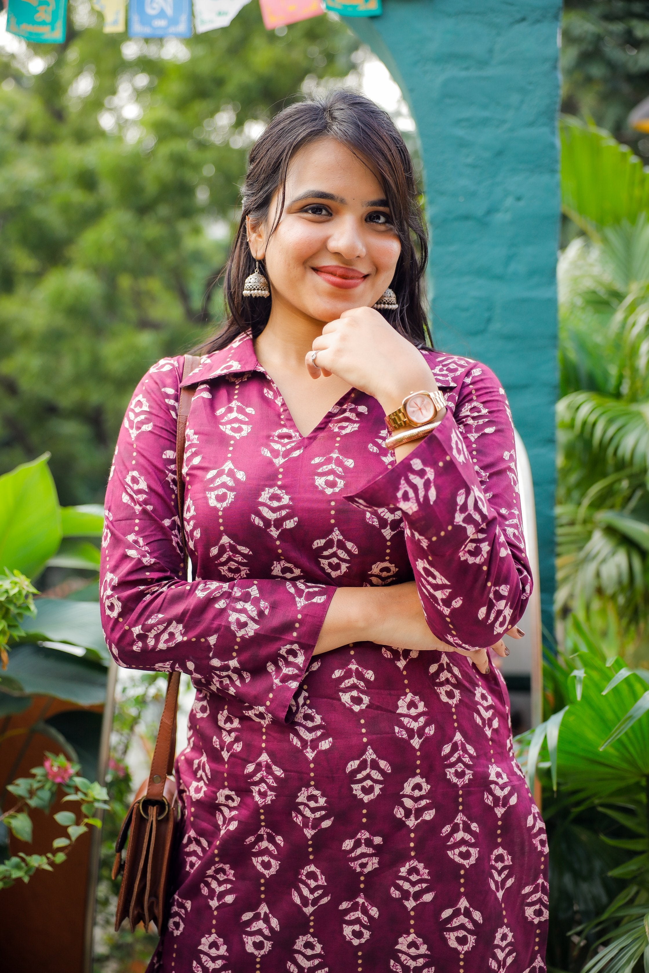 Shivangi - wine floral hand block printed cotton kurta set