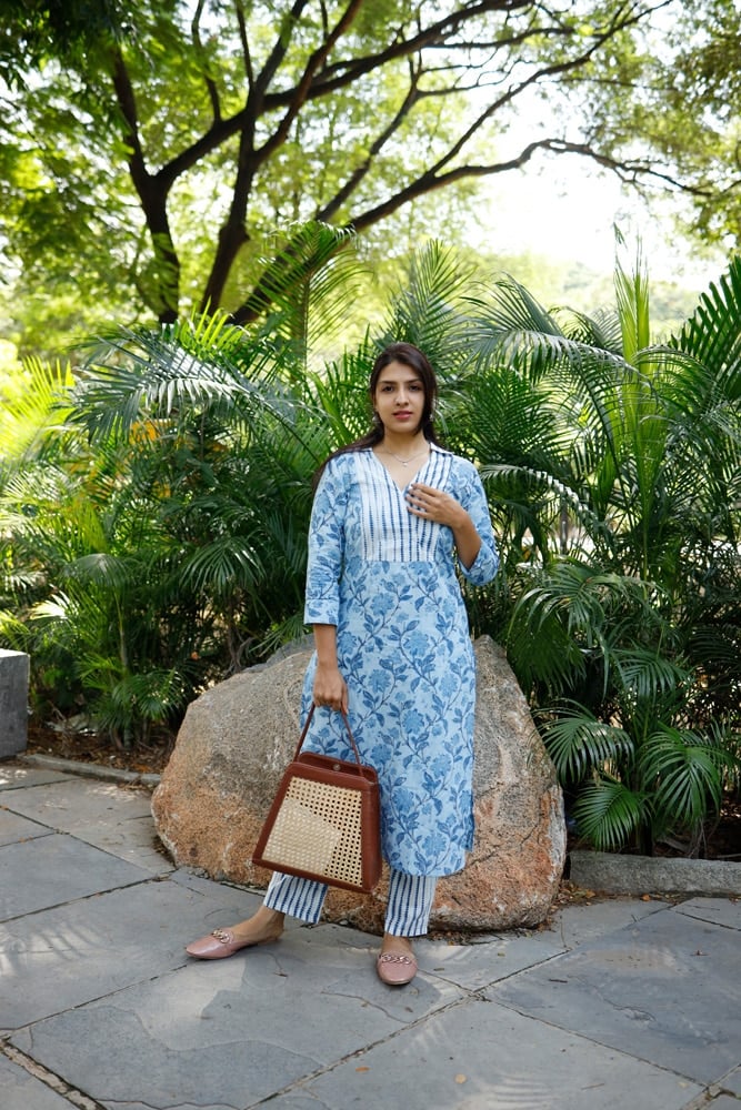 Anusha - hand block floral printed cotton kurta set in indigo blue