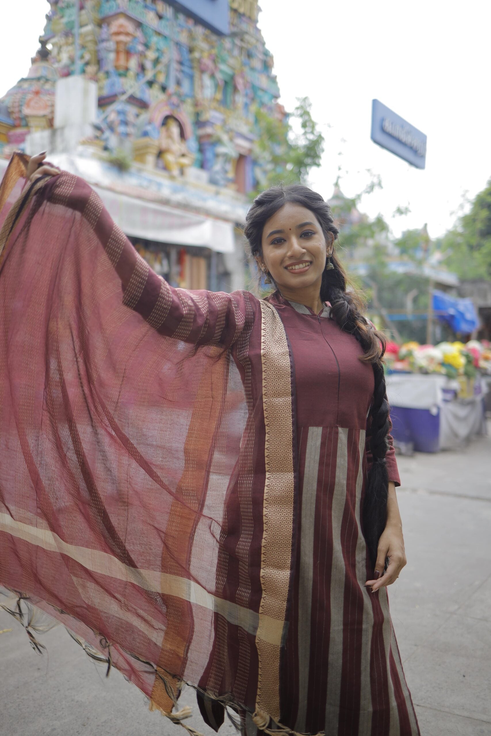 Margazhi (maroon) - handloom cotton silk suit set with dupatta in maroon