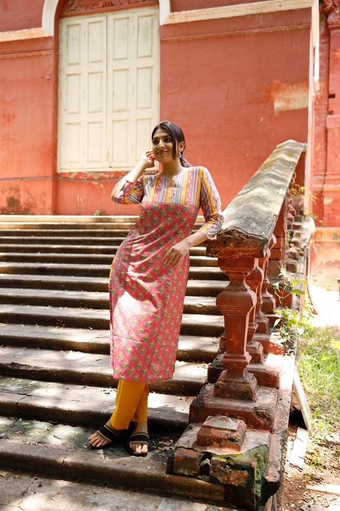 Anugraha - hand block printed floral and kheri cotton kurta set in pink and yellow