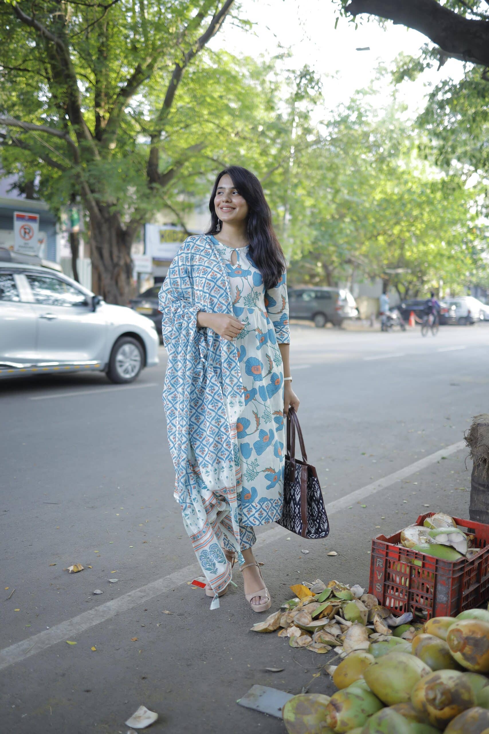 Drishti ( blue ) - Floral abstract handblock printed organic cotton anarkali suit set in blue