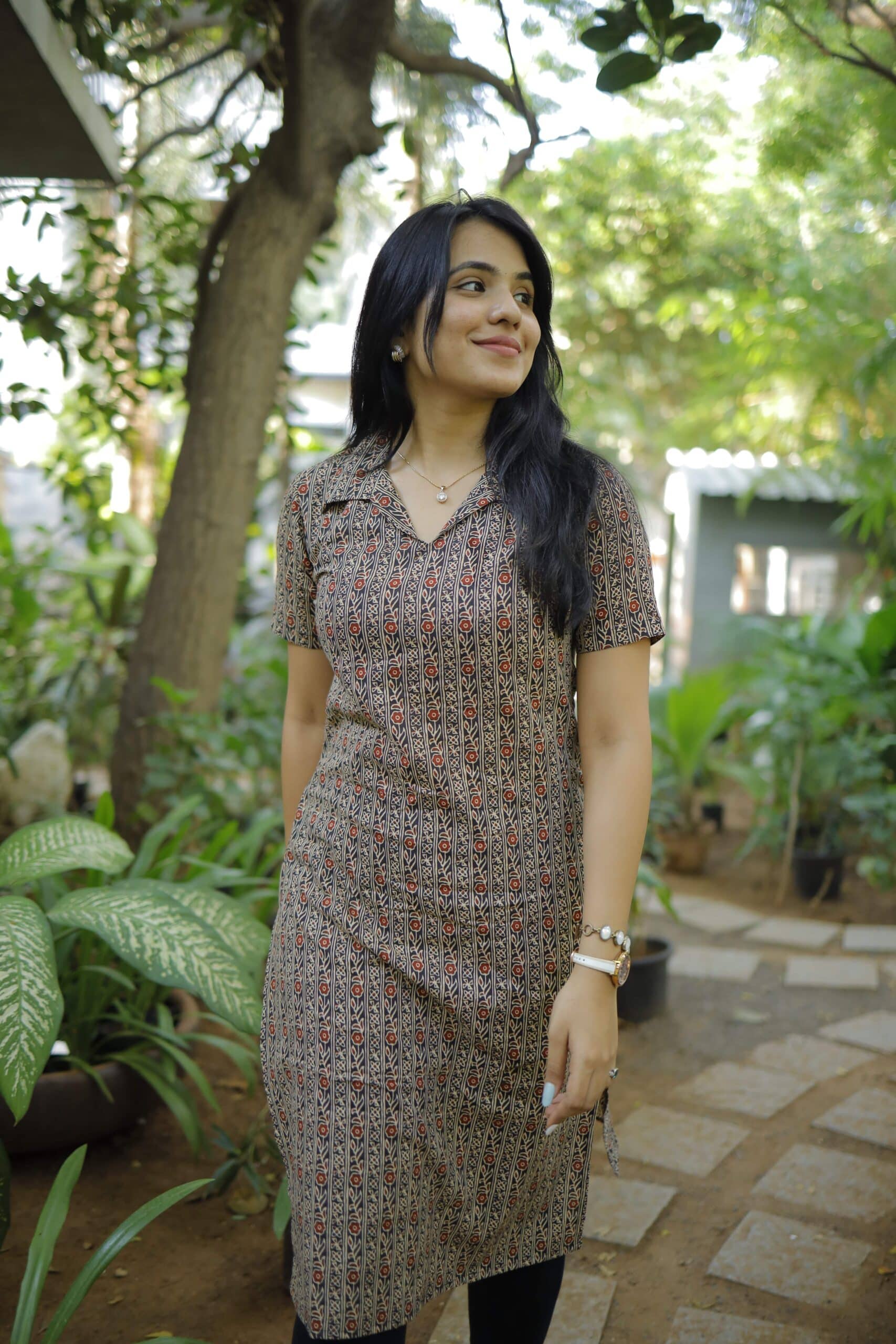 Kurti 61 - floral motifs hand block printed kurti in black