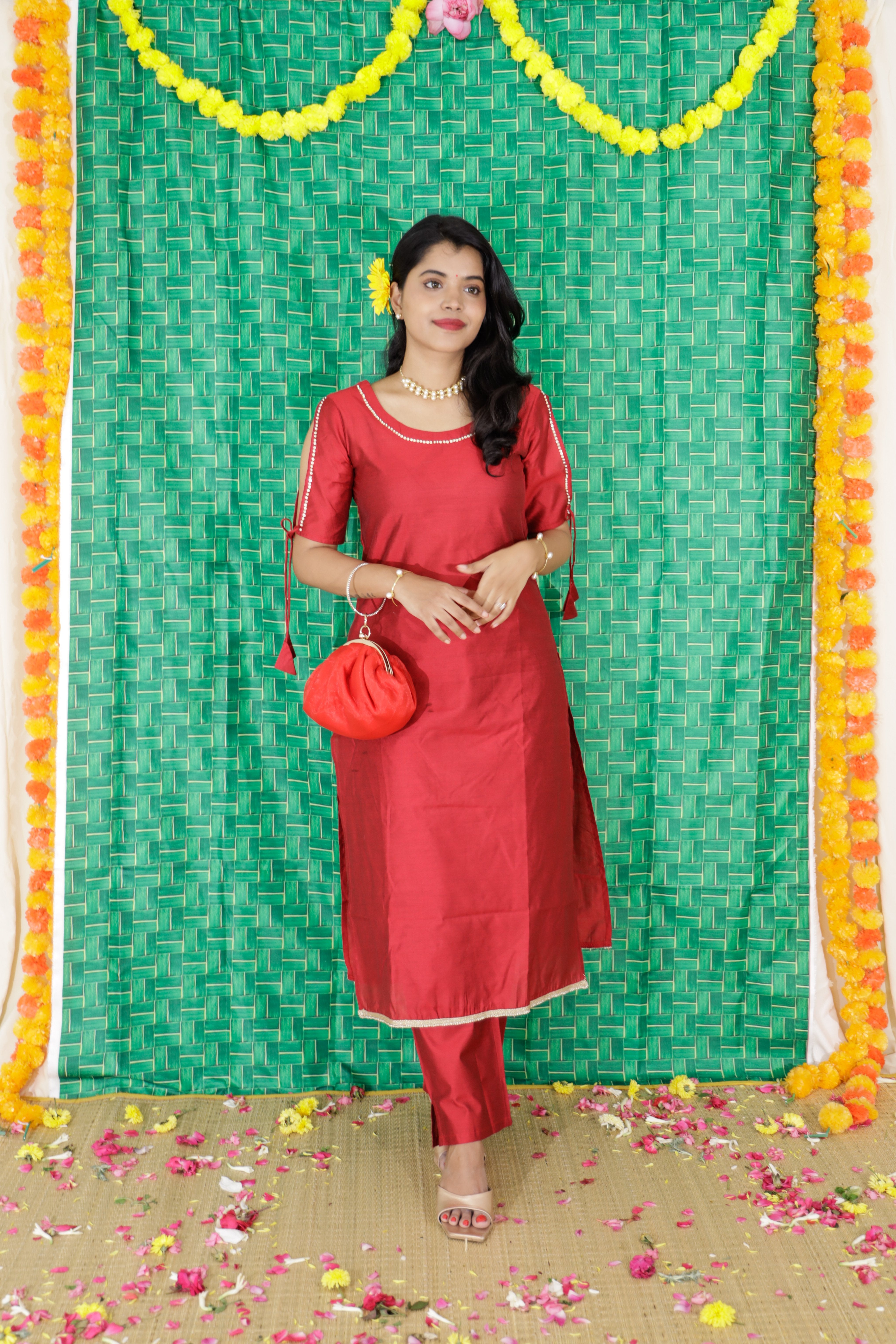Dwija - semi silk kurta set with work in red