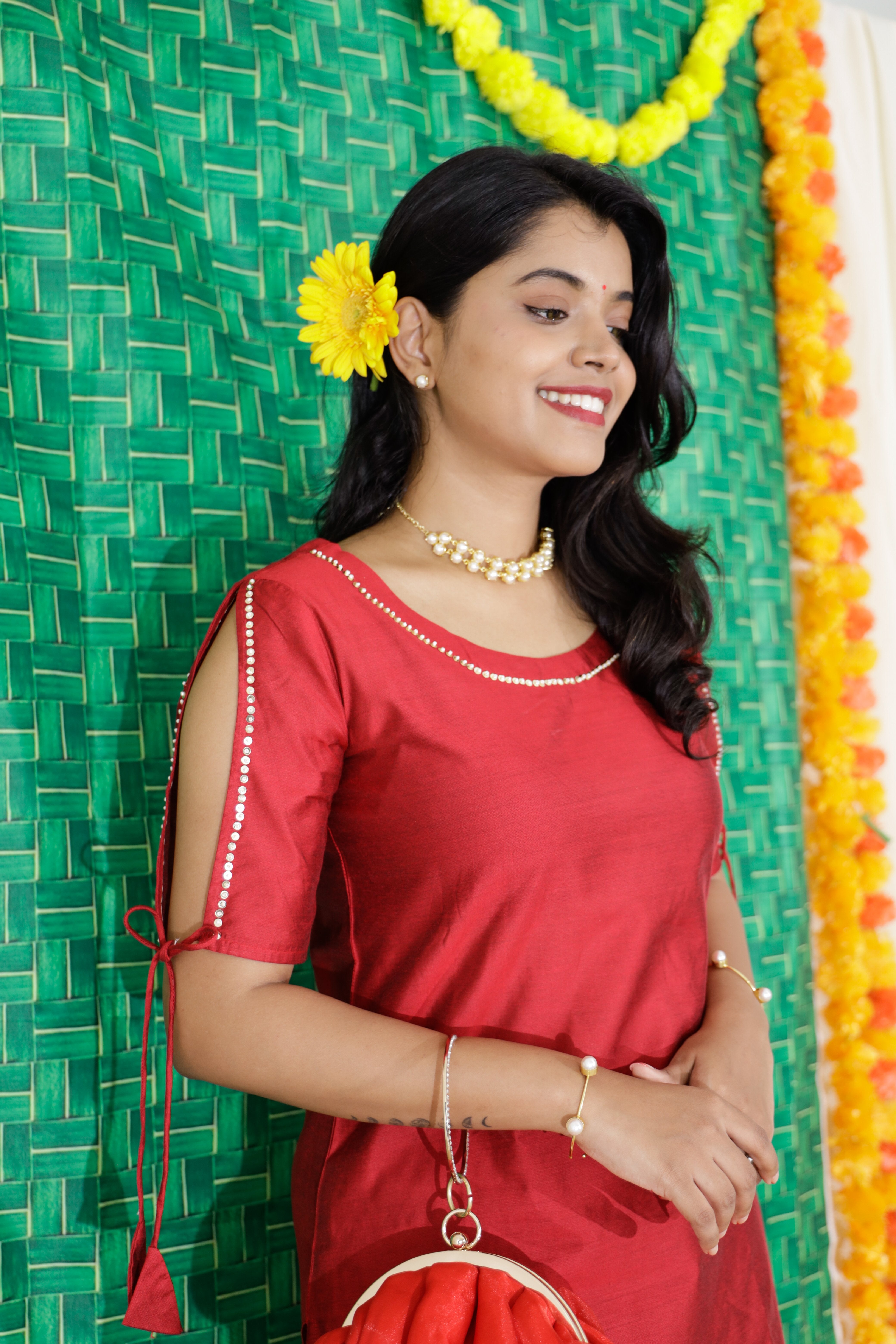 Dwija - semi silk kurta set with work in red