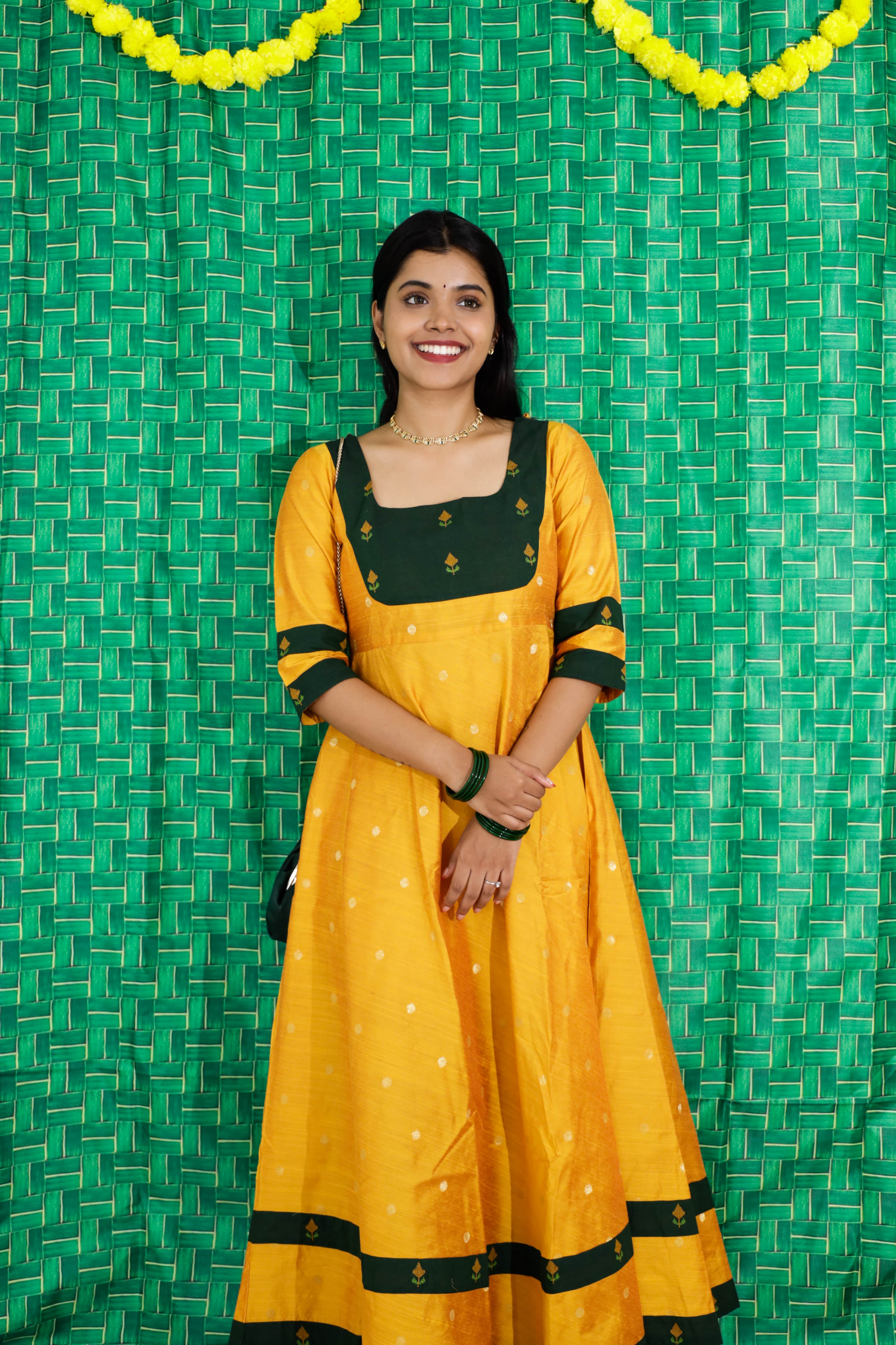 Ishwarya - handloom silk cotton gown in yellow and green