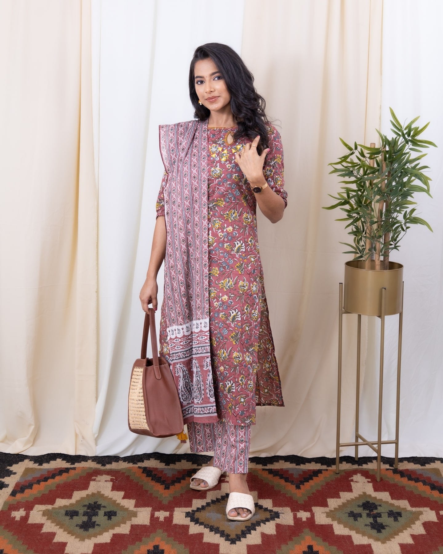 Kevna - Jaipuri cotton floral kurta set in peach and yellow with matching dupatta with tassels