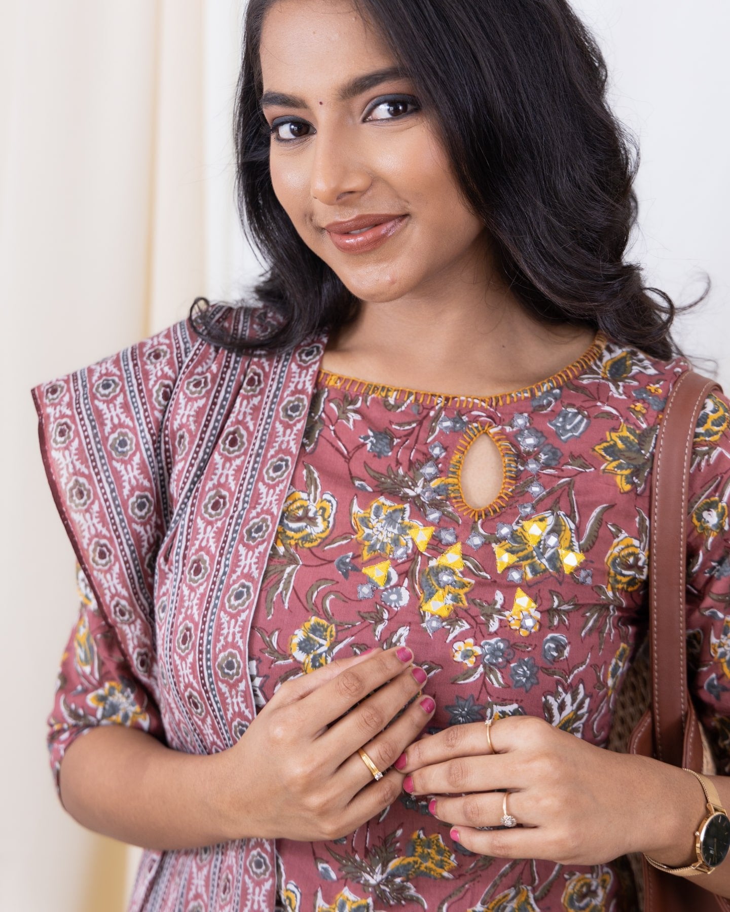 Kevna - Jaipuri cotton floral kurta set in peach and yellow with matching dupatta with tassels