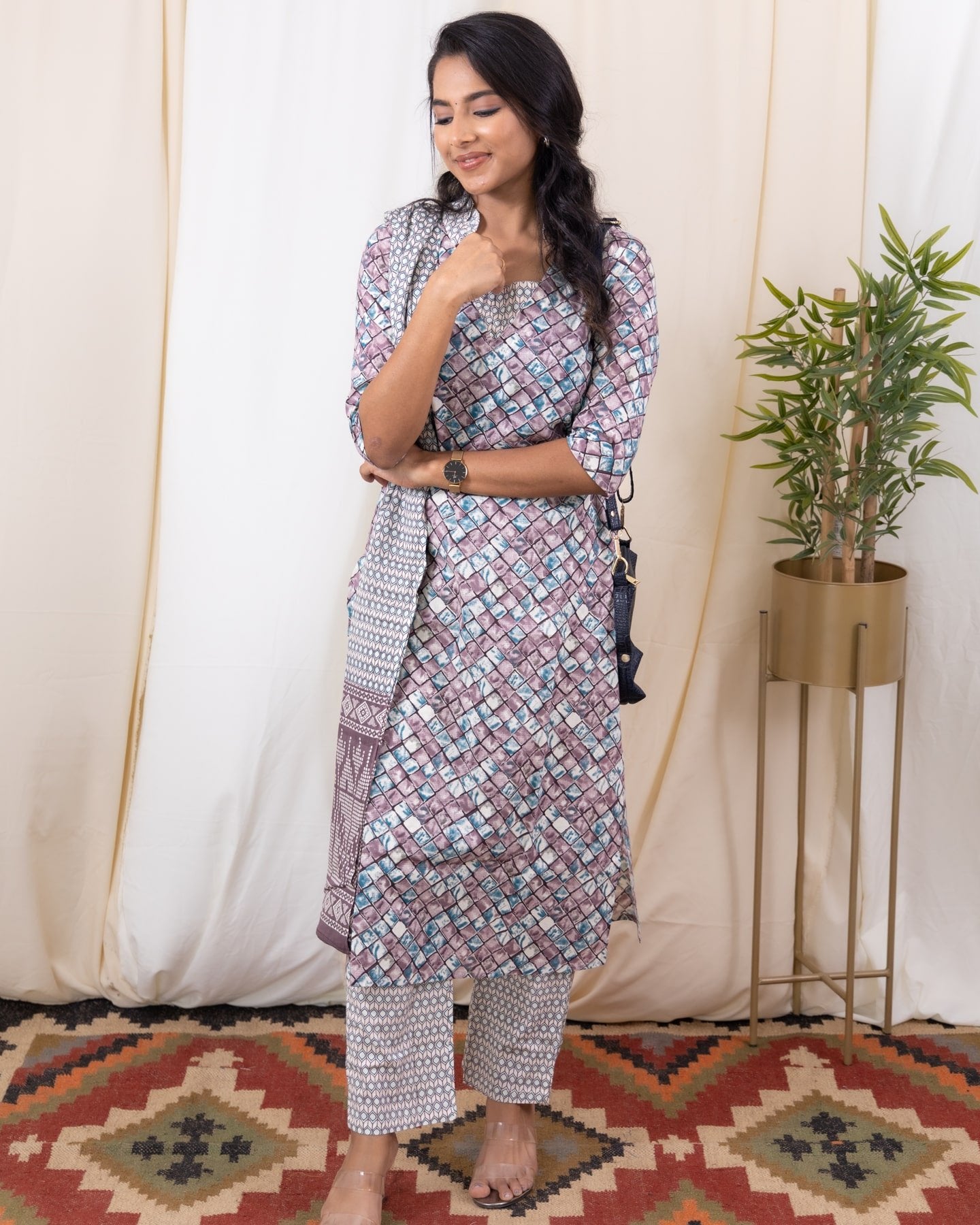Tharuna - Jaipuri cotton marble printed suit set in peach and blue with matching dupatta