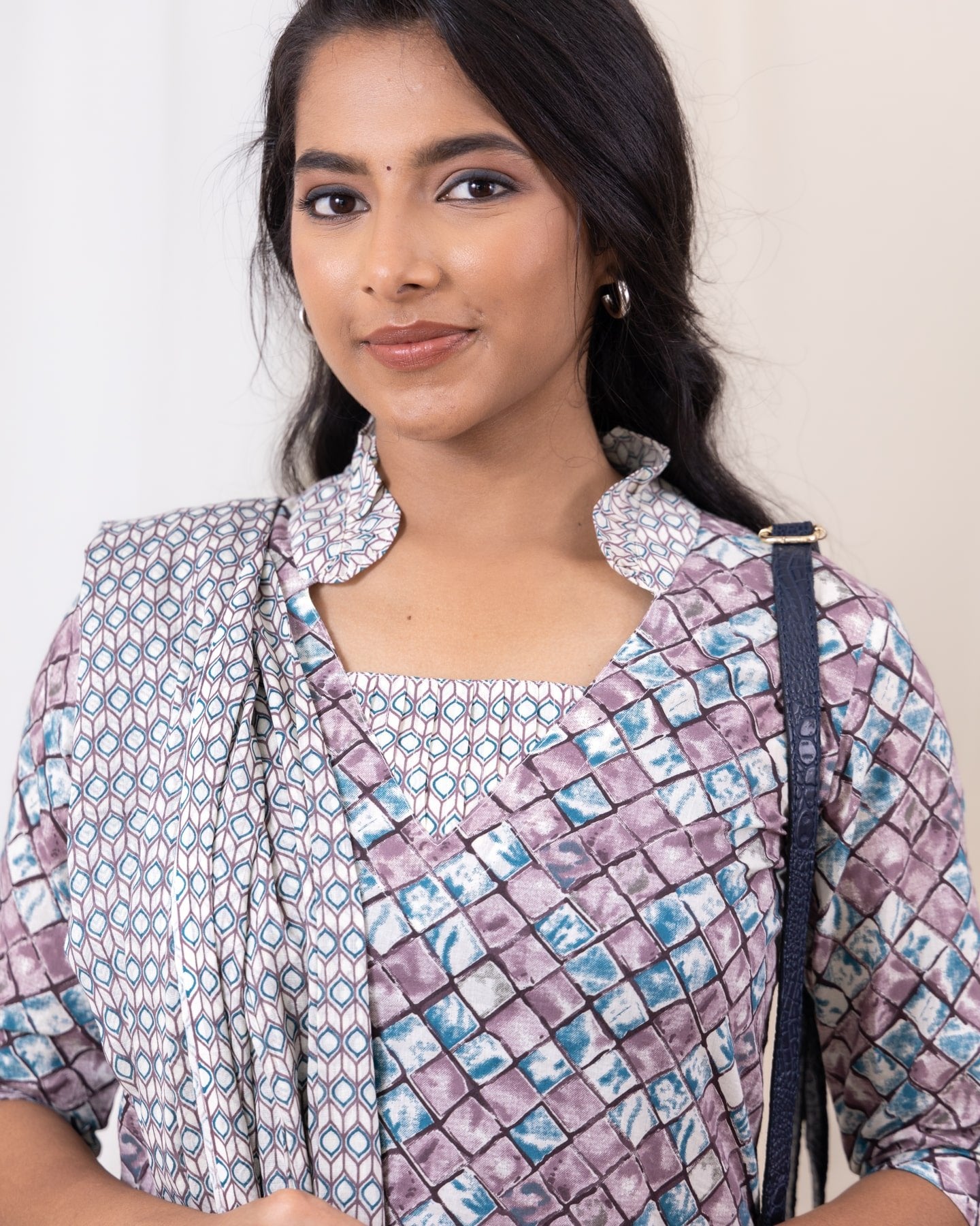 Tharuna - Jaipuri cotton marble printed suit set in peach and blue with matching dupatta